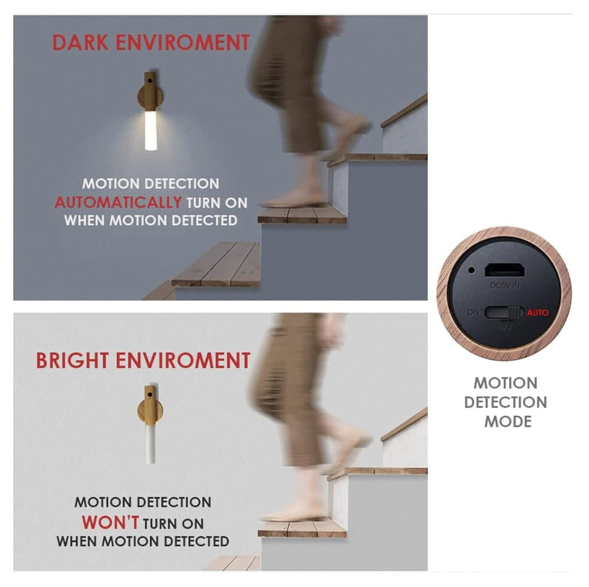 Lámpara Sensor de Movimiento en Madera Natural – Luz Decorativa e Inteligente